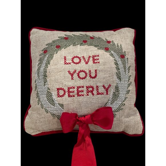 Vintage St. Nicholas Square Love You Deerly Decorative Pillow with Wreath & Bow - Picture 2 of 8